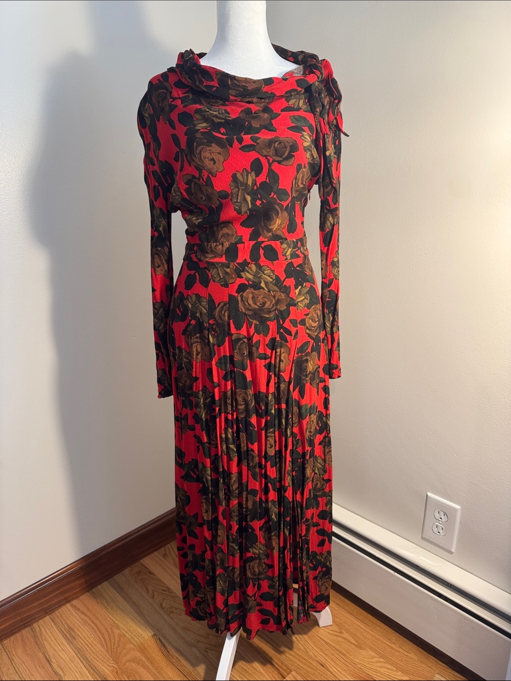 TOP SHOP Red Floral Long-Sleeve Maxi Dress with Cowl Neck